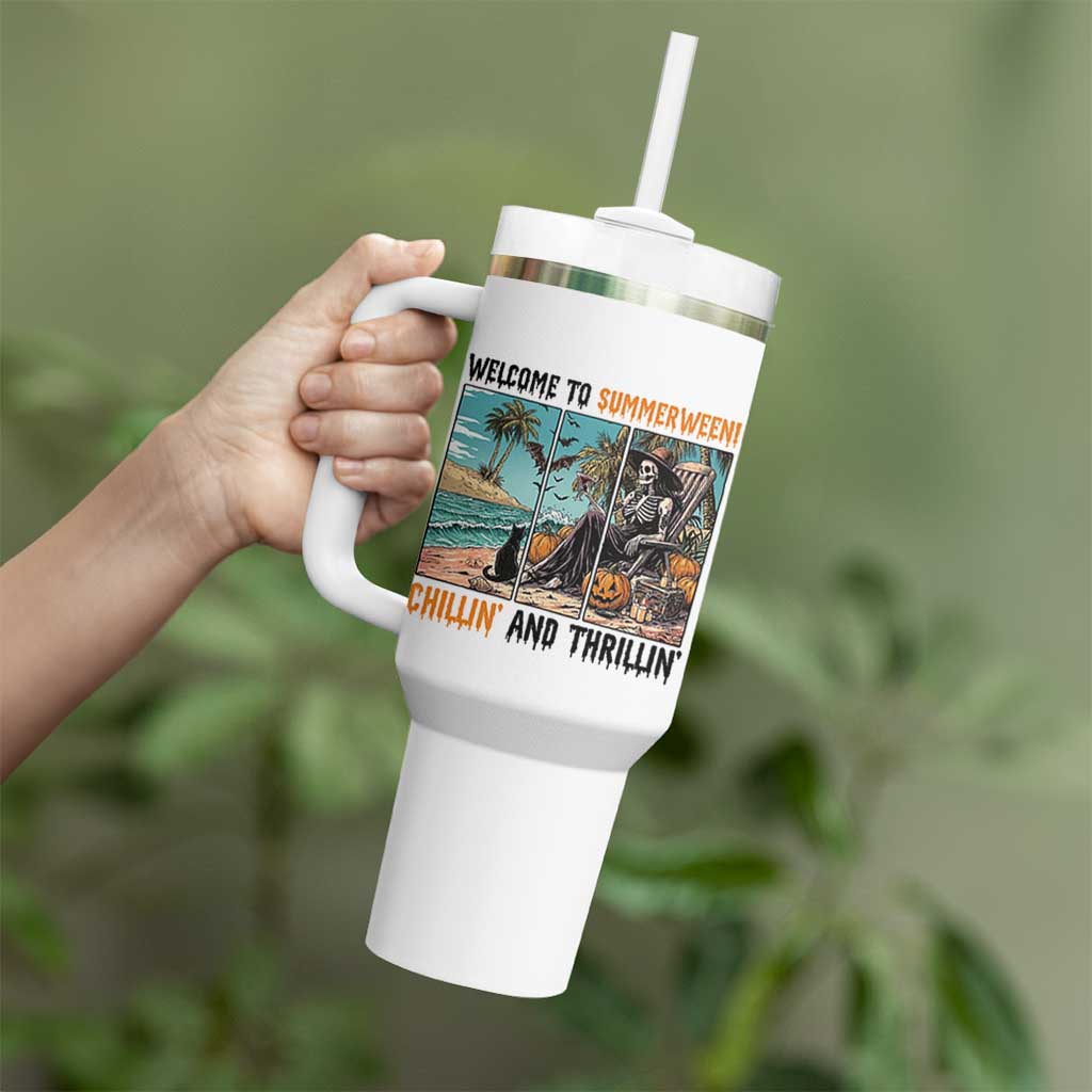 Welcome To Summerween Chillin And Thrillin Tumbler With Handle Spooky Beach Party Gift