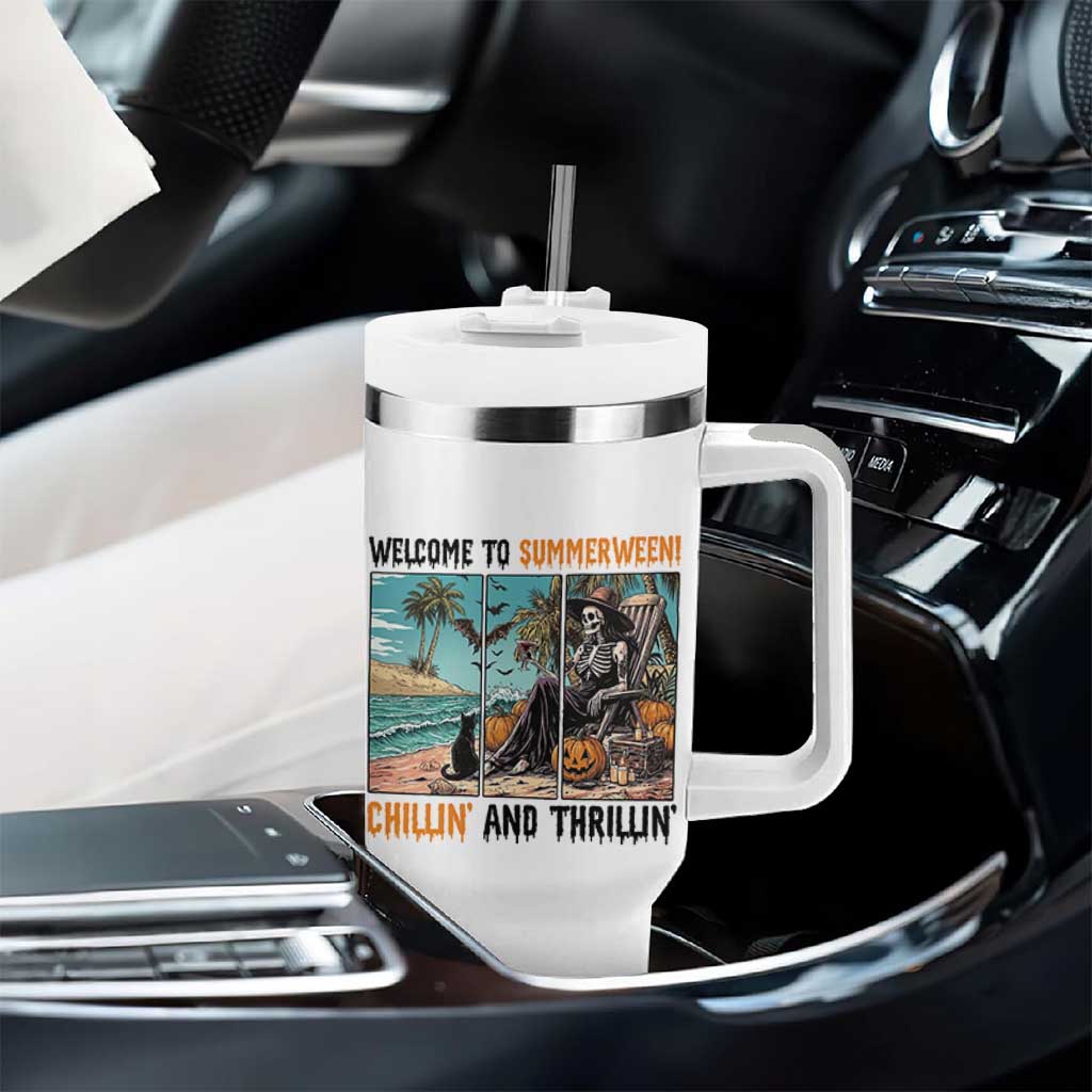 Welcome To Summerween Chillin And Thrillin Tumbler With Handle Spooky Beach Party Gift