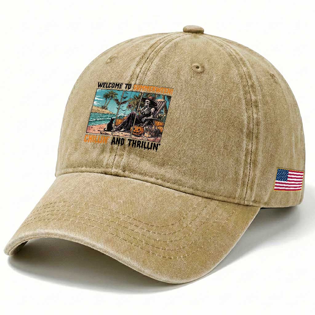 Welcome To Summerween Chillin And Thrillin Washed Cotton Baseball Cap Spooky Beach Party Gift