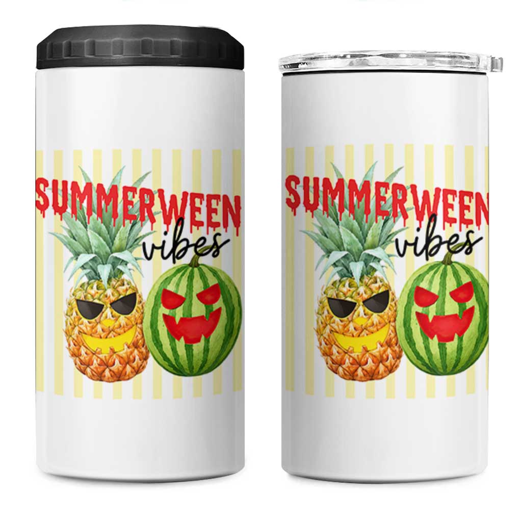 Funny Summerween Fruit 4 in 1 Can Cooler Tumbler Spooky Pineapple Watermelon Graphic