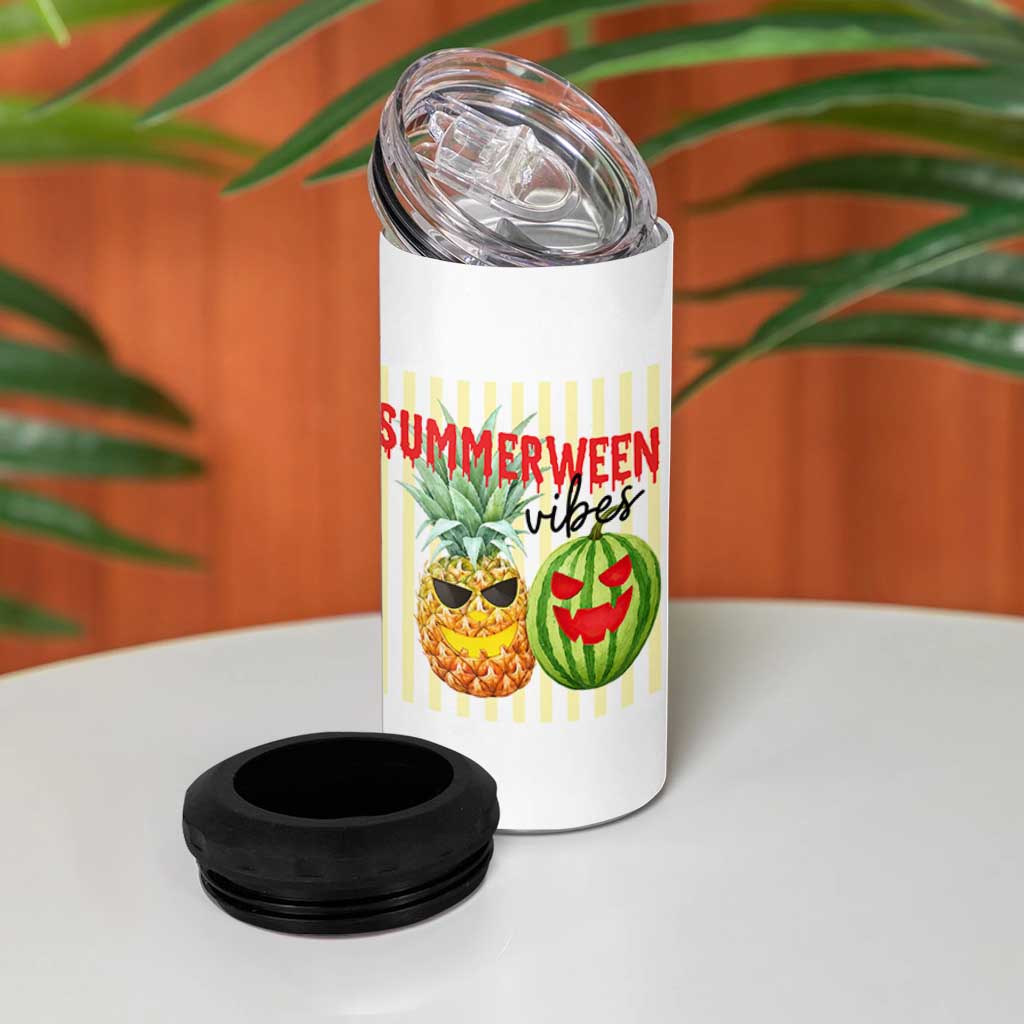 Funny Summerween Fruit 4 in 1 Can Cooler Tumbler Spooky Pineapple Watermelon Graphic