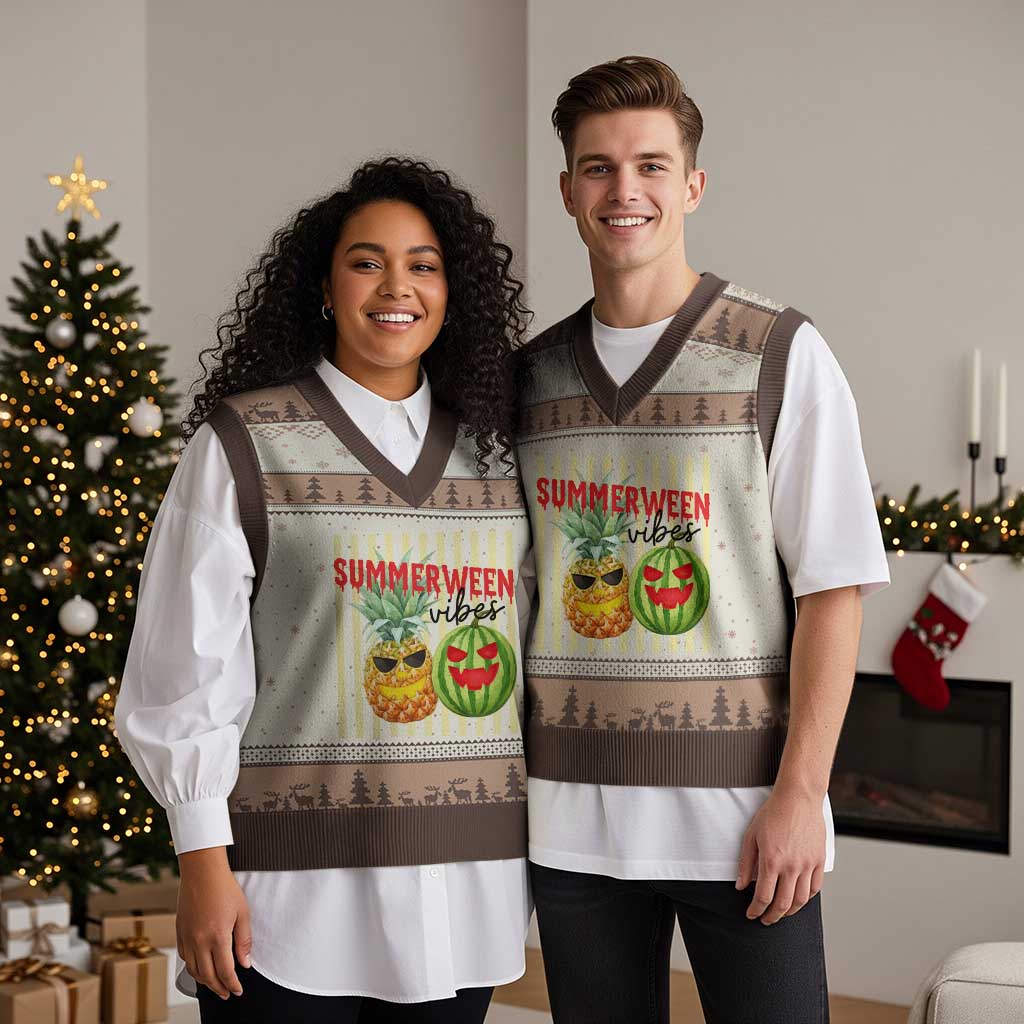 Funny Summerween Fruit V-Neck Knit Sweater Vest Spooky Pineapple Watermelon Graphic