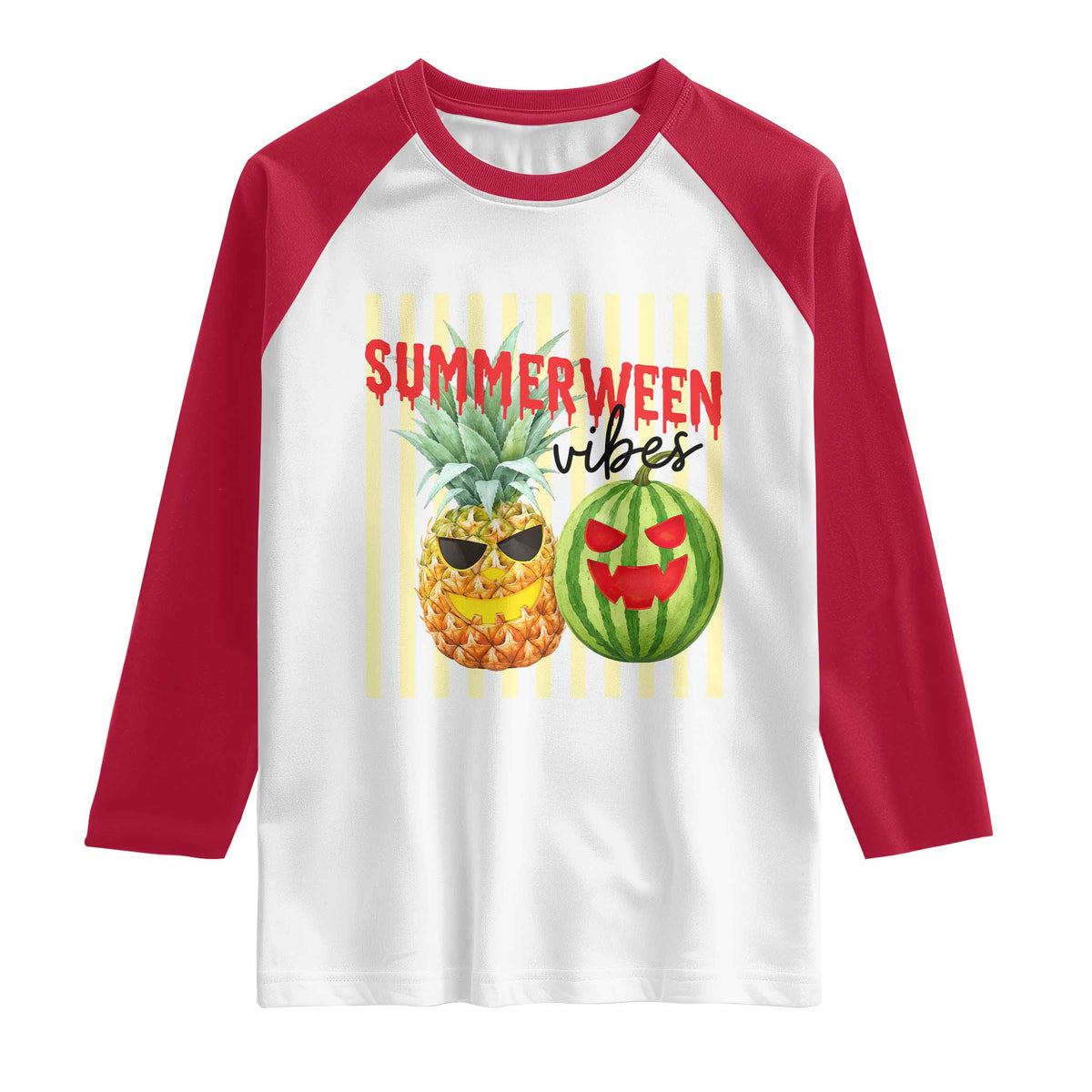 Funny Summerween Fruit Raglan Shirt Spooky Pineapple Watermelon Graphic