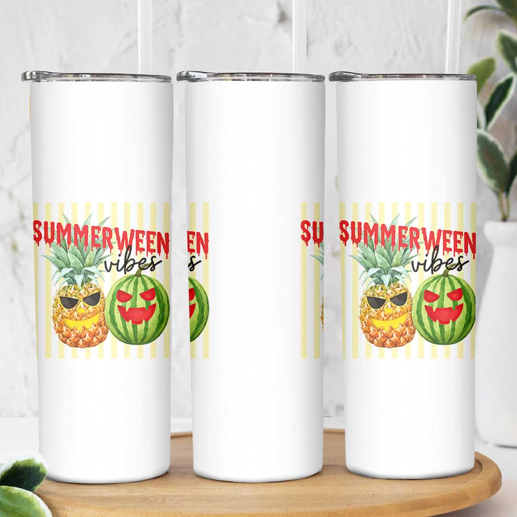 Funny Summerween Fruit Skinny Tumbler Spooky Pineapple Watermelon Graphic