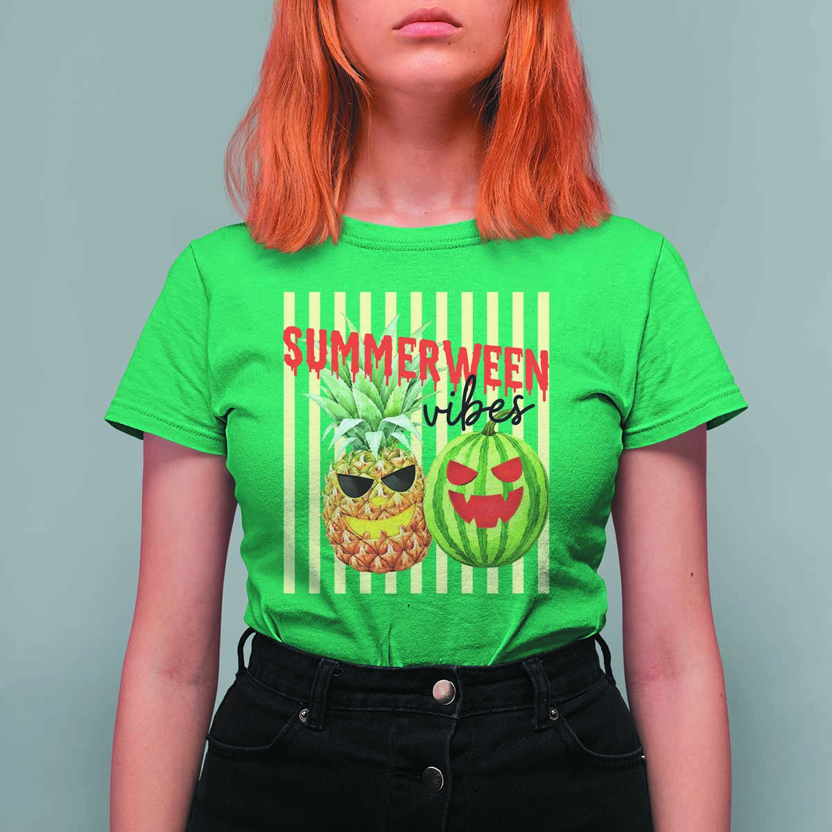 Funny Summerween Fruit T Shirt For Women Spooky Pineapple Watermelon Graphic