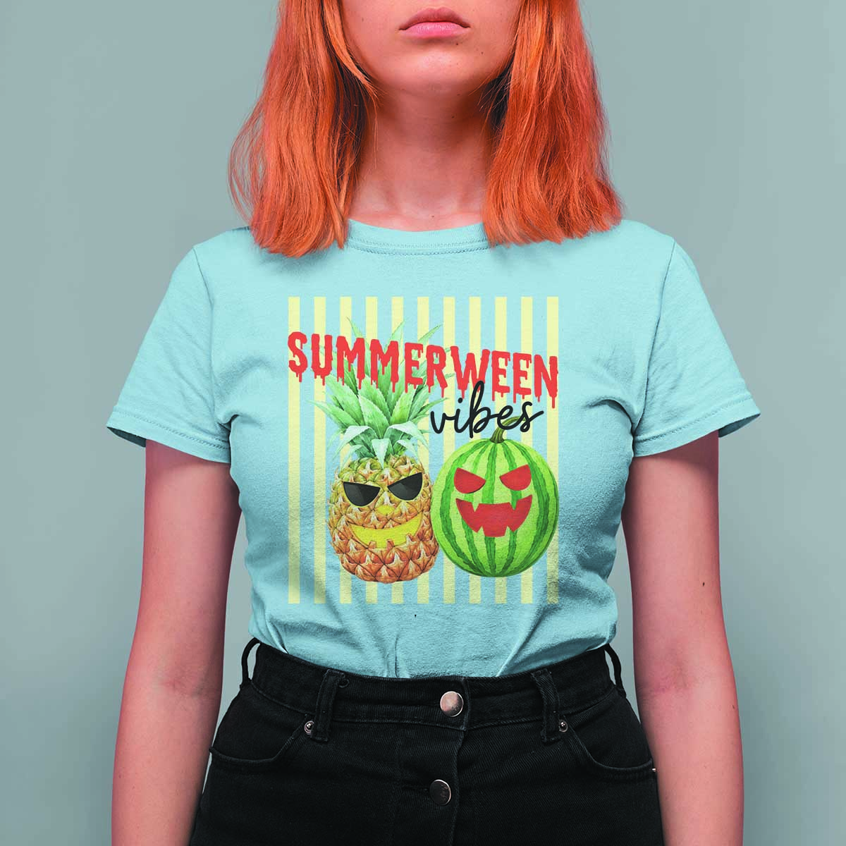 Funny Summerween Fruit T Shirt For Women Spooky Pineapple Watermelon Graphic