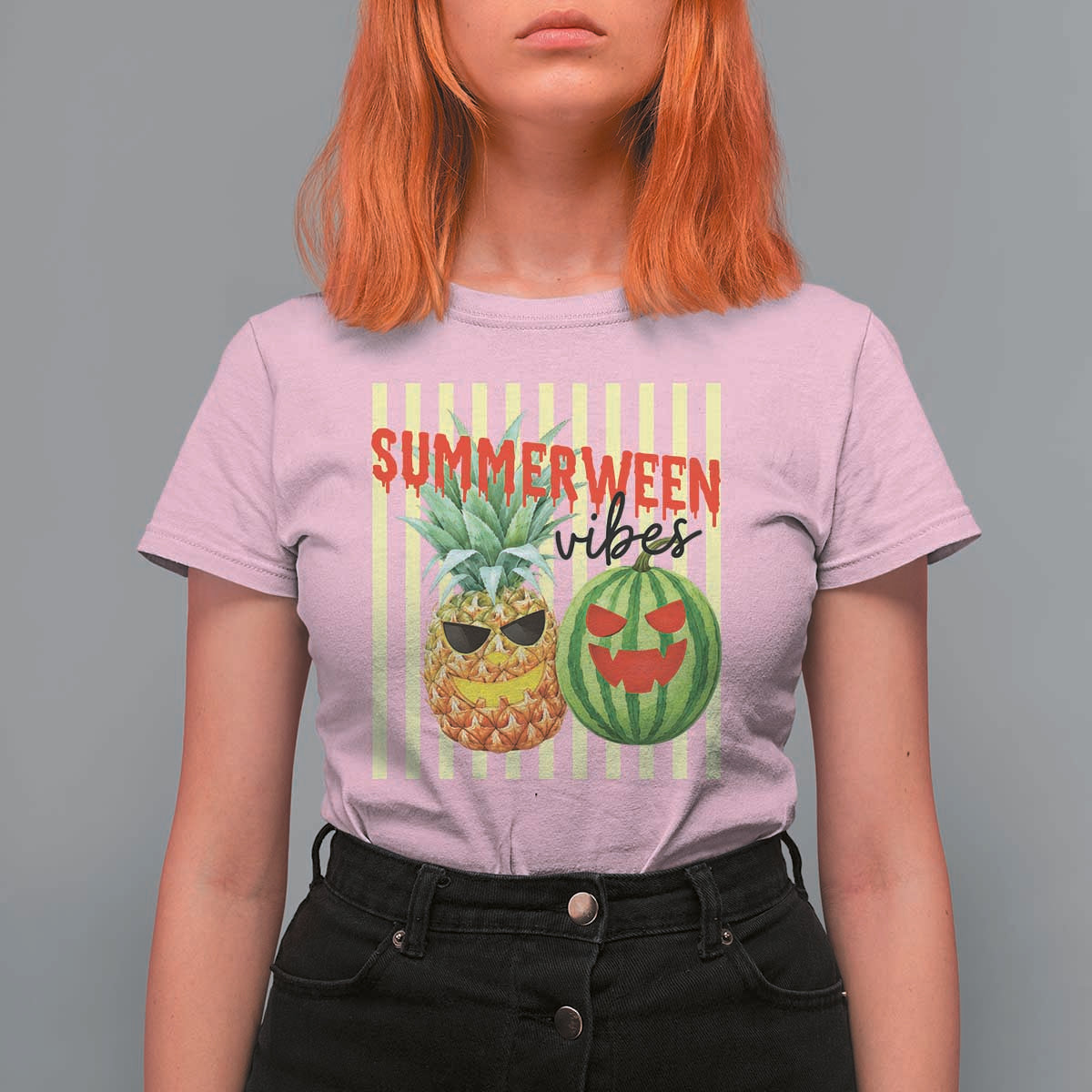 Funny Summerween Fruit T Shirt For Women Spooky Pineapple Watermelon Graphic