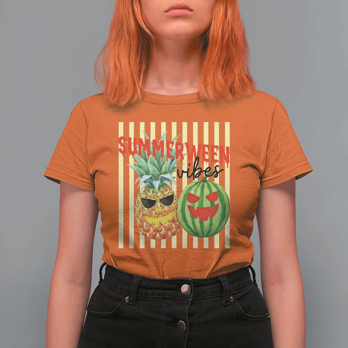Funny Summerween Fruit T Shirt For Women Spooky Pineapple Watermelon Graphic