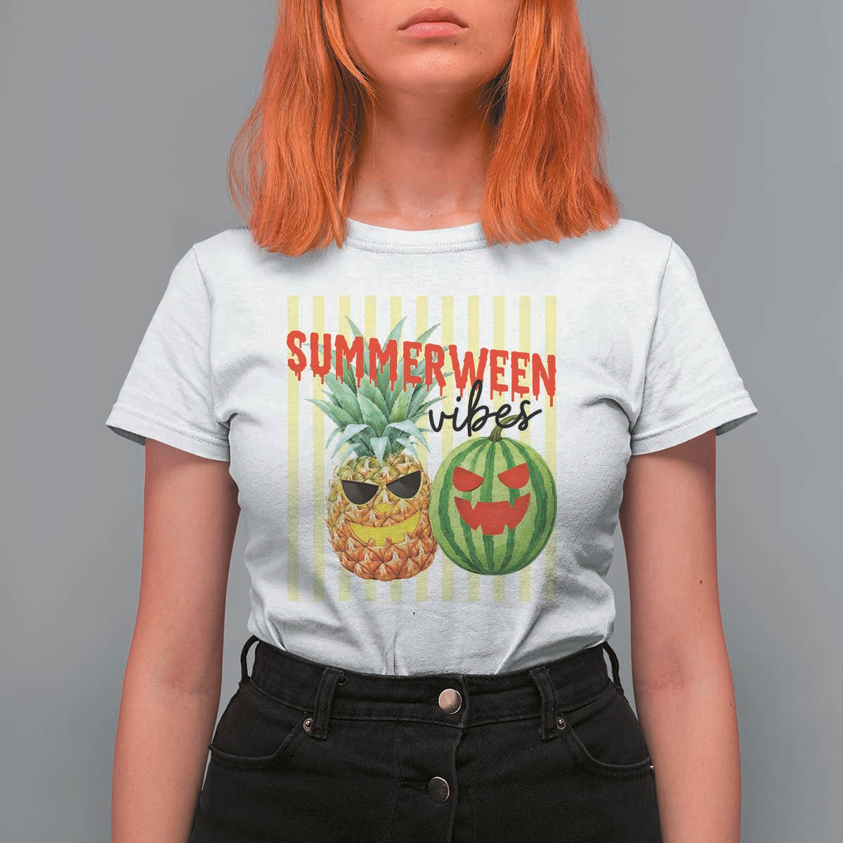 Funny Summerween Fruit T Shirt For Women Spooky Pineapple Watermelon Graphic