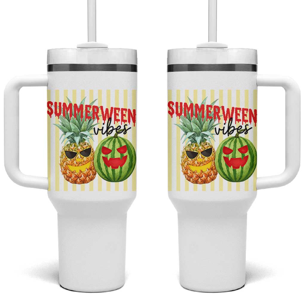 Funny Summerween Fruit Tumbler With Handle Spooky Pineapple Watermelon Graphic