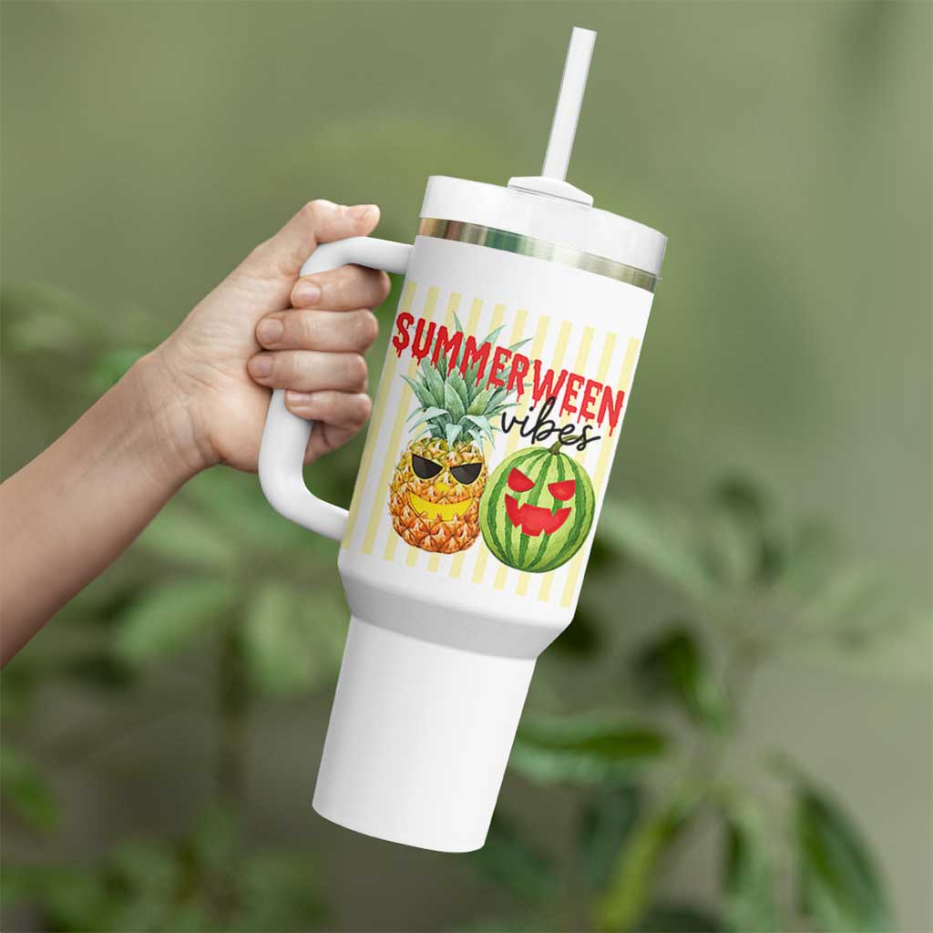 Funny Summerween Fruit Tumbler With Handle Spooky Pineapple Watermelon Graphic
