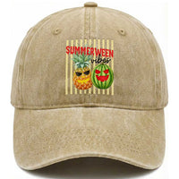 Funny Summerween Fruit Washed Cotton Baseball Cap Spooky Pineapple Watermelon Graphic