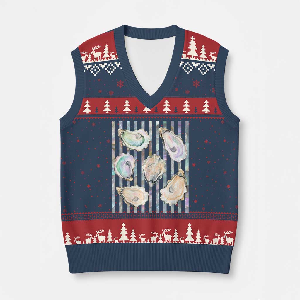 Striped Glitter Oyster Shell V-Neck Knit Sweater Vest Coastal Summer Ocean Gift