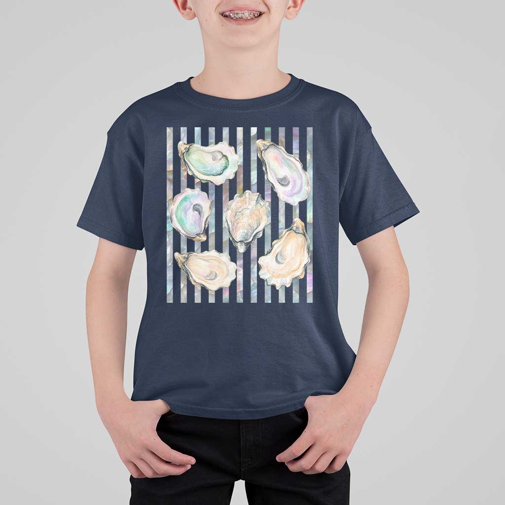 Striped Glitter Oyster Shell T Shirt For Kid Coastal Summer Ocean Gift