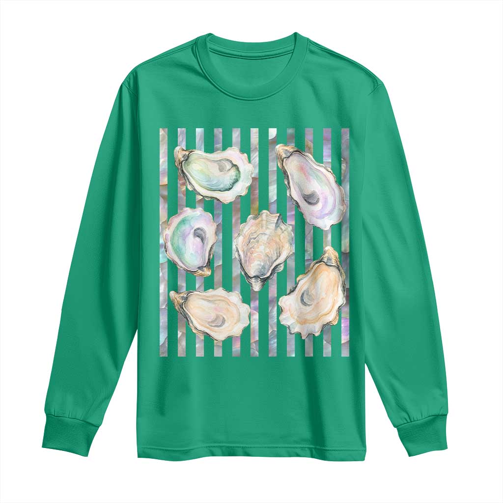 Striped Glitter Oyster Shell Long Sleeve Shirt Coastal Summer Ocean Gift