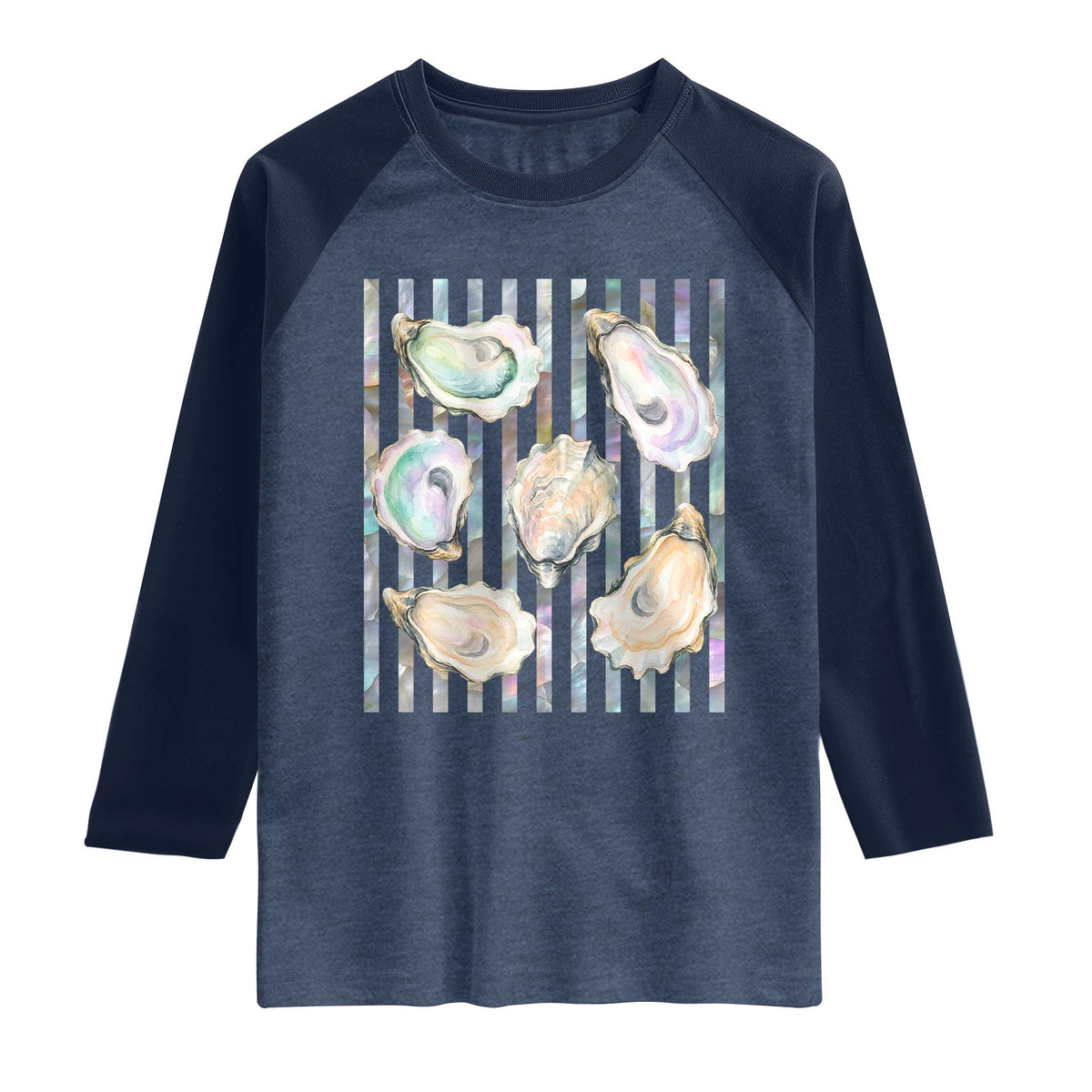 Striped Glitter Oyster Shell Raglan Shirt Coastal Summer Ocean Gift