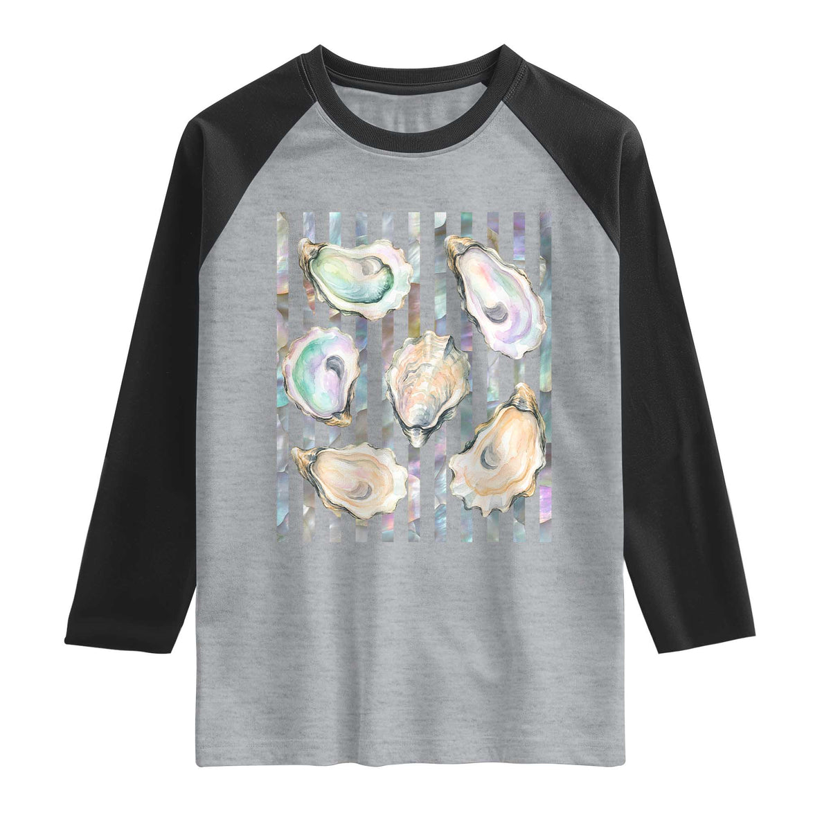 Striped Glitter Oyster Shell Raglan Shirt Coastal Summer Ocean Gift