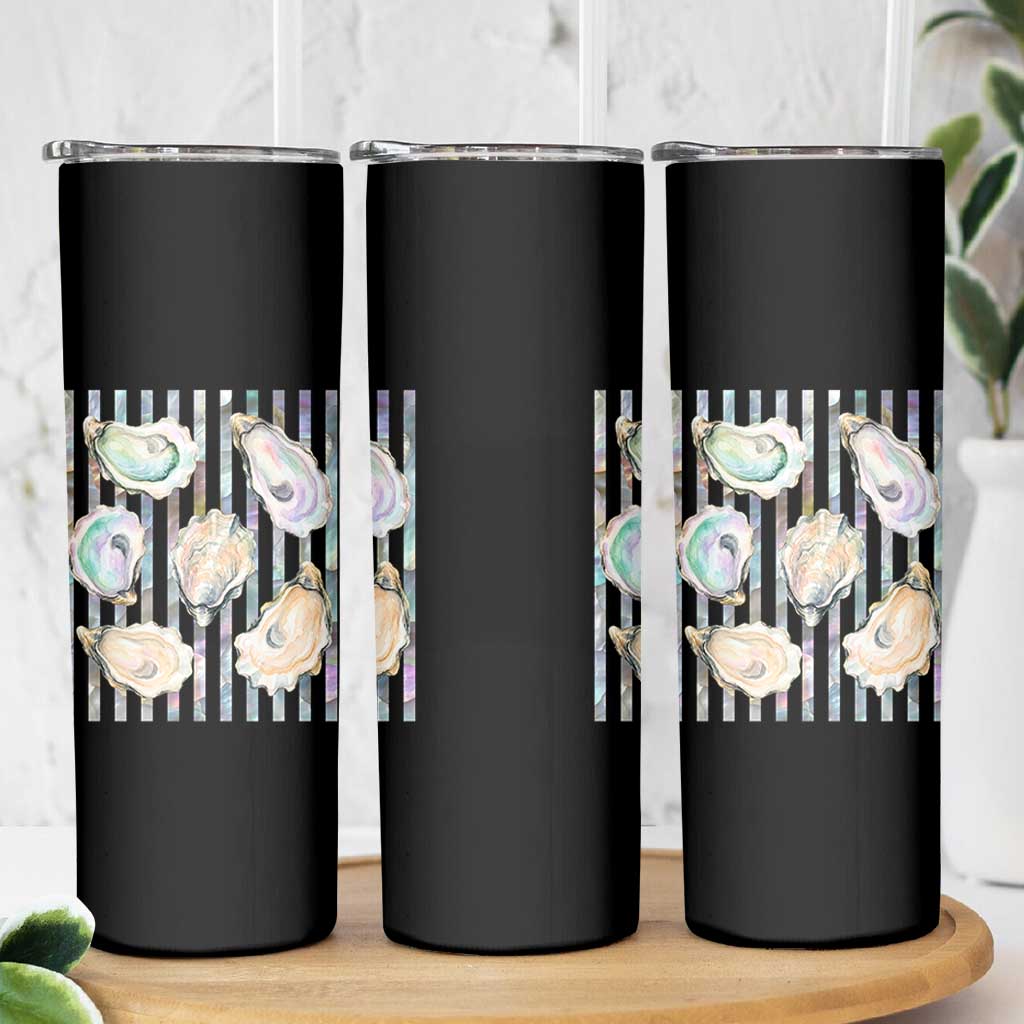 Striped Glitter Oyster Shell Skinny Tumbler Coastal Summer Ocean Gift