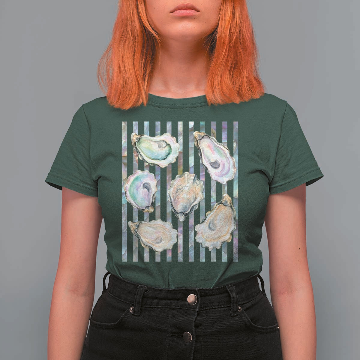 Striped Glitter Oyster Shell T Shirt For Women Coastal Summer Ocean Gift