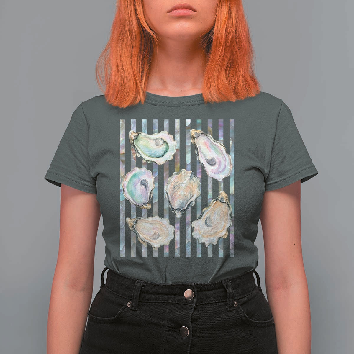 Striped Glitter Oyster Shell T Shirt For Women Coastal Summer Ocean Gift