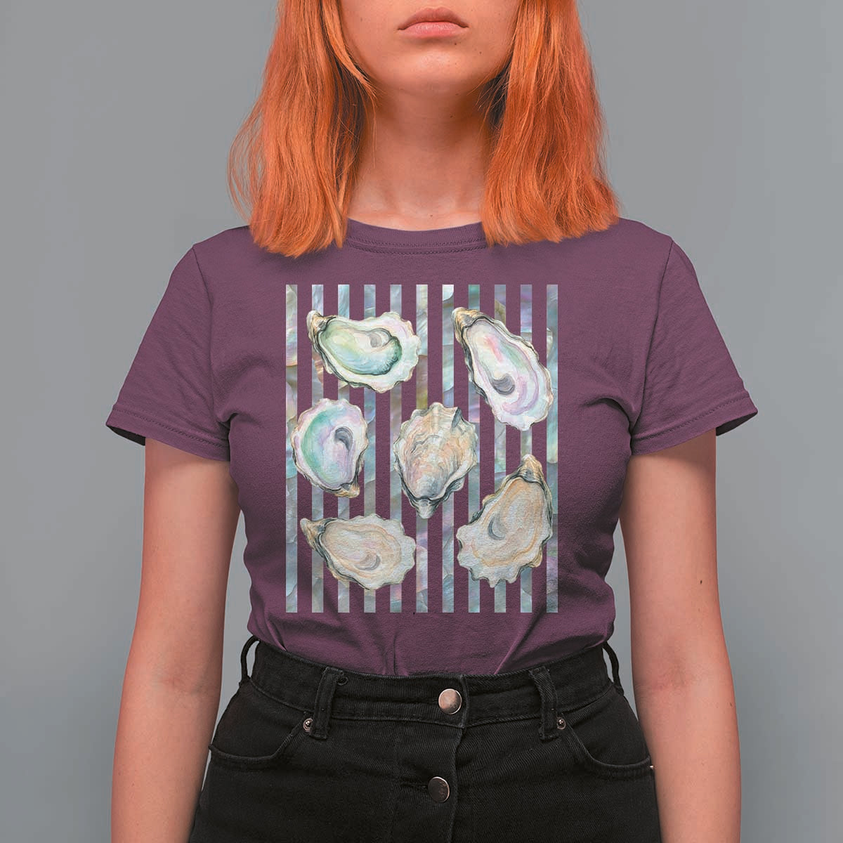Striped Glitter Oyster Shell T Shirt For Women Coastal Summer Ocean Gift