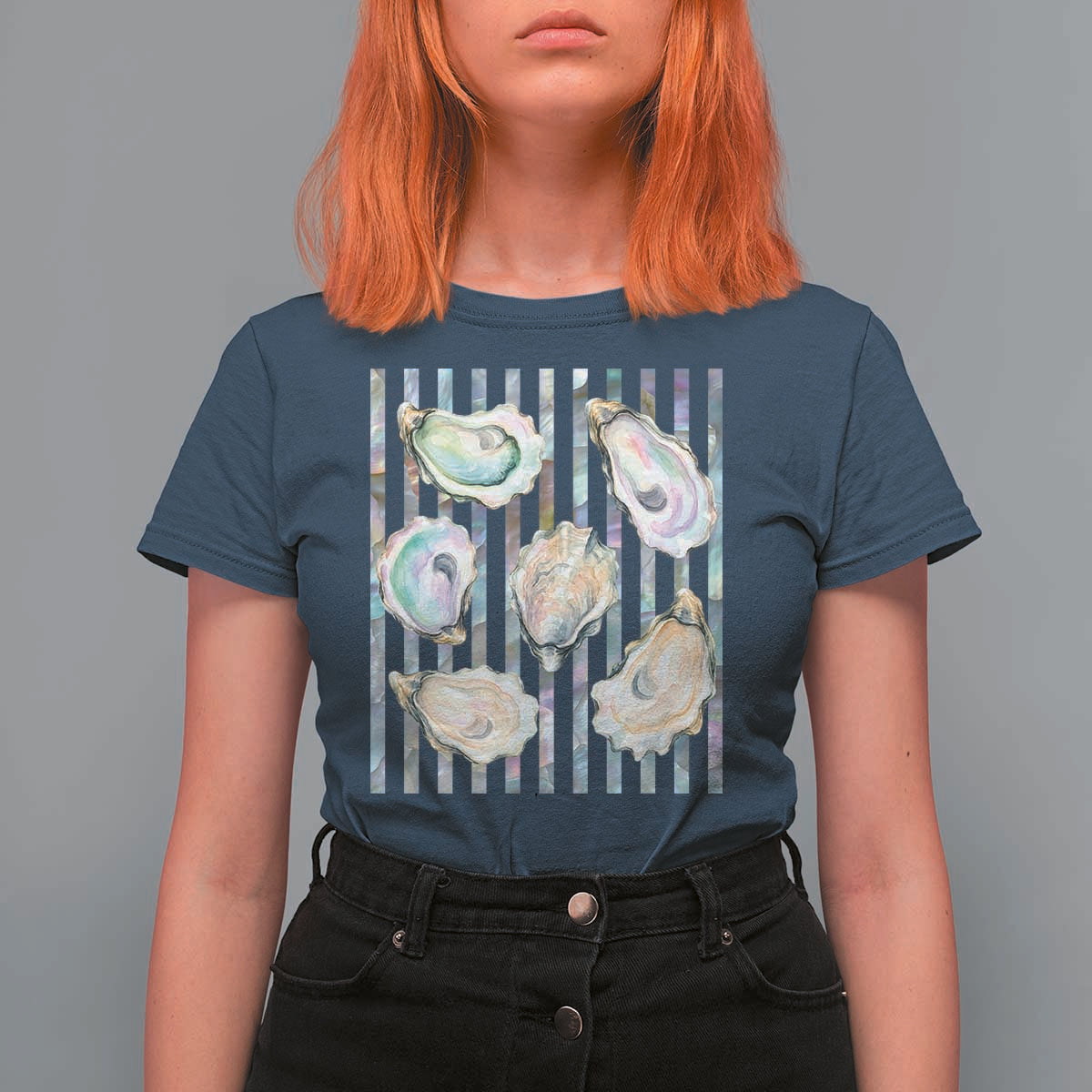 Striped Glitter Oyster Shell T Shirt For Women Coastal Summer Ocean Gift