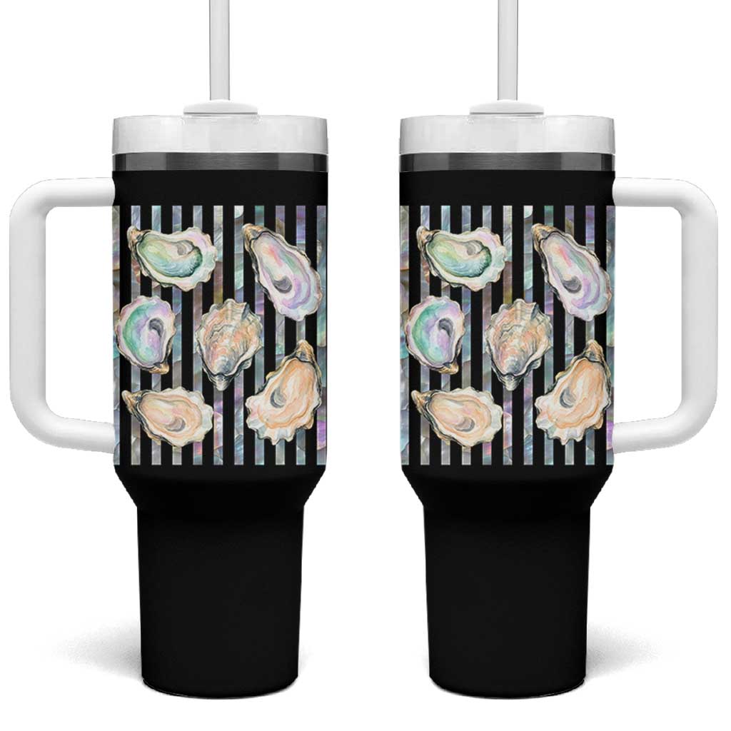 Striped Glitter Oyster Shell Tumbler With Handle Coastal Summer Ocean Gift