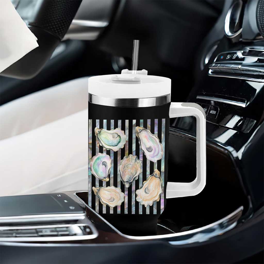 Striped Glitter Oyster Shell Tumbler With Handle Coastal Summer Ocean Gift