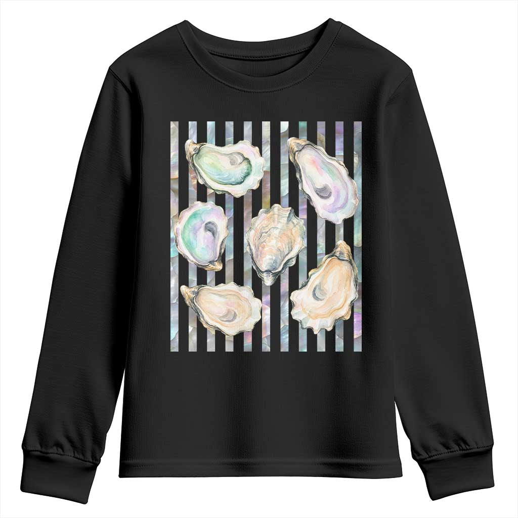 Striped Glitter Oyster Shell Youth Sweatshirt Coastal Summer Ocean Gift