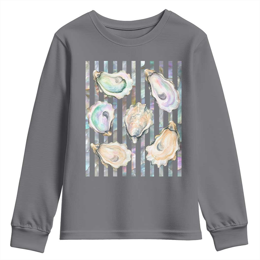 Striped Glitter Oyster Shell Youth Sweatshirt Coastal Summer Ocean Gift