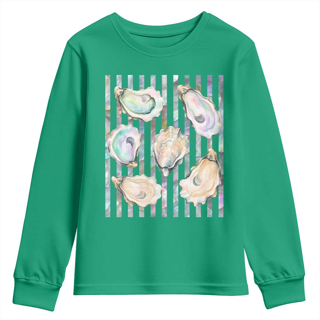 Striped Glitter Oyster Shell Youth Sweatshirt Coastal Summer Ocean Gift