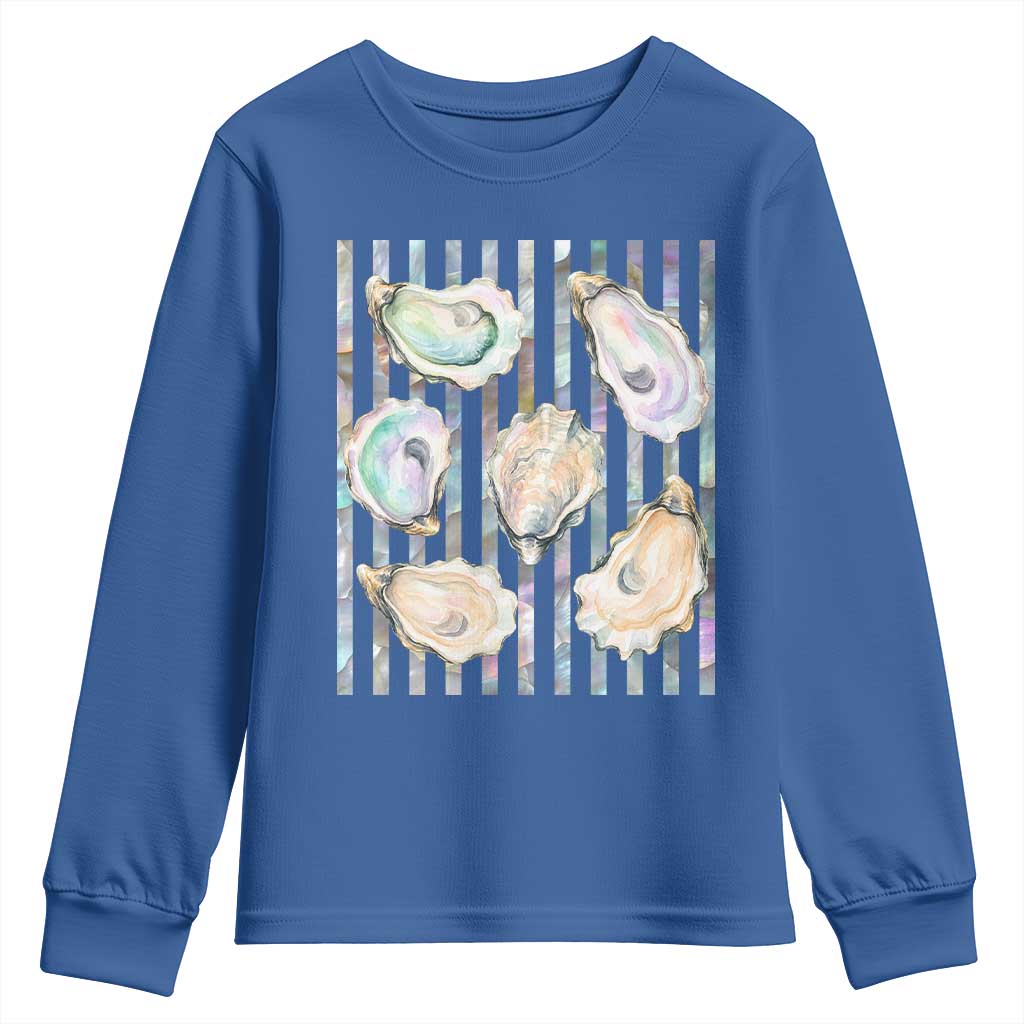Striped Glitter Oyster Shell Youth Sweatshirt Coastal Summer Ocean Gift