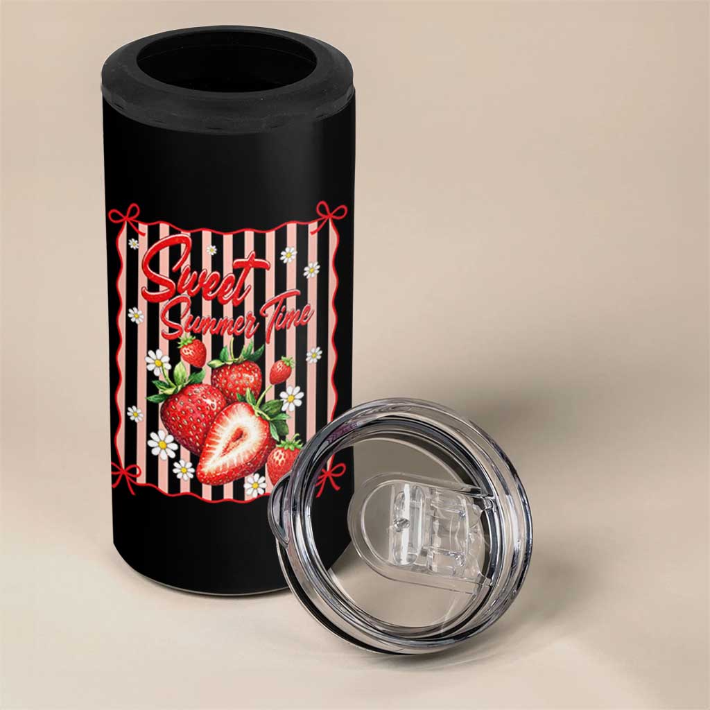 Striped Summer Strawberry 4 in 1 Can Cooler Tumbler Preppy Beach Vibes Graphic