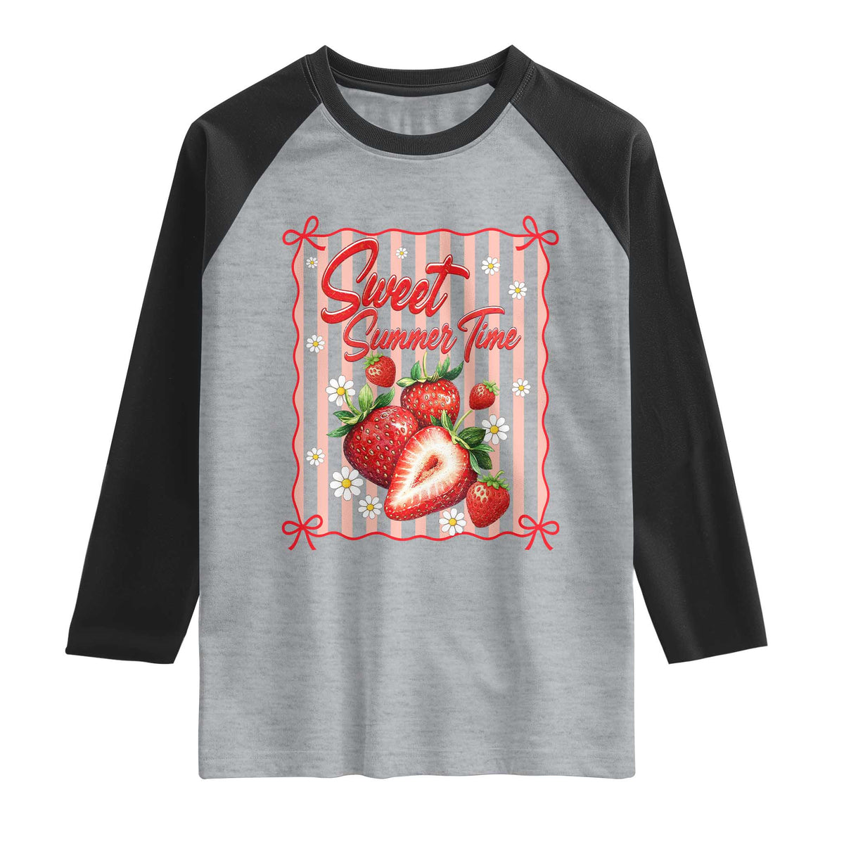 Striped Summer Strawberry Raglan Shirt Preppy Beach Vibes Graphic