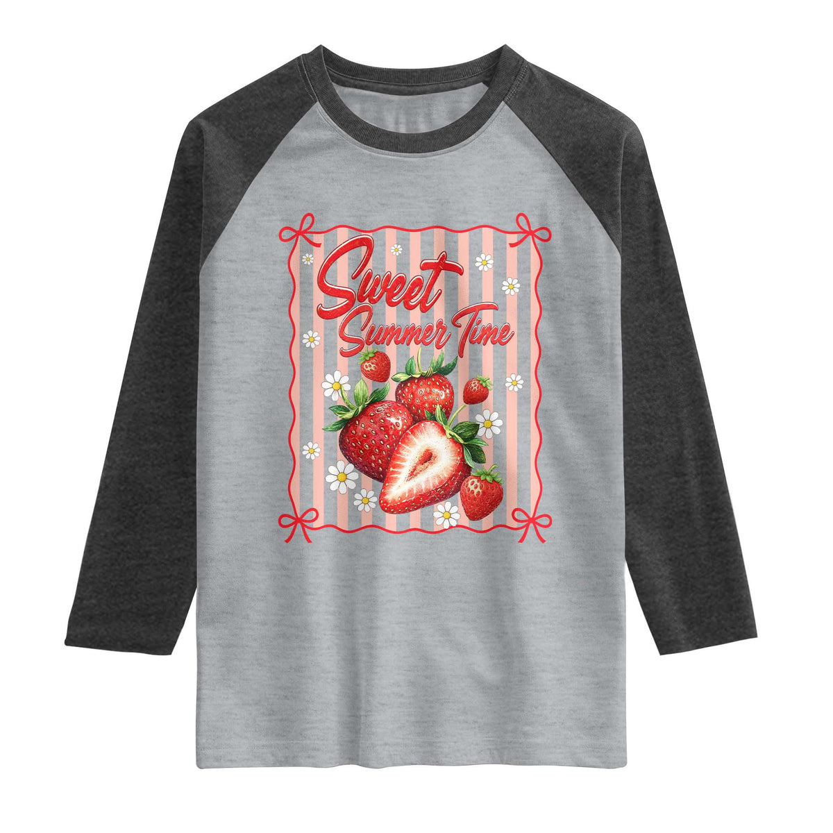 Striped Summer Strawberry Raglan Shirt Preppy Beach Vibes Graphic