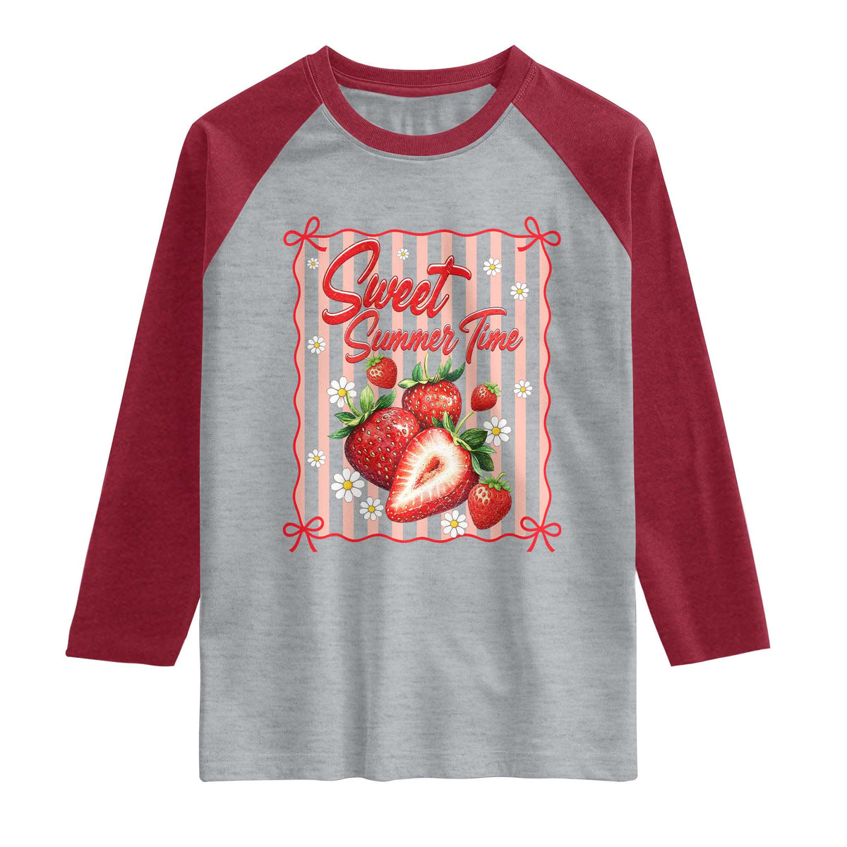 Striped Summer Strawberry Raglan Shirt Preppy Beach Vibes Graphic