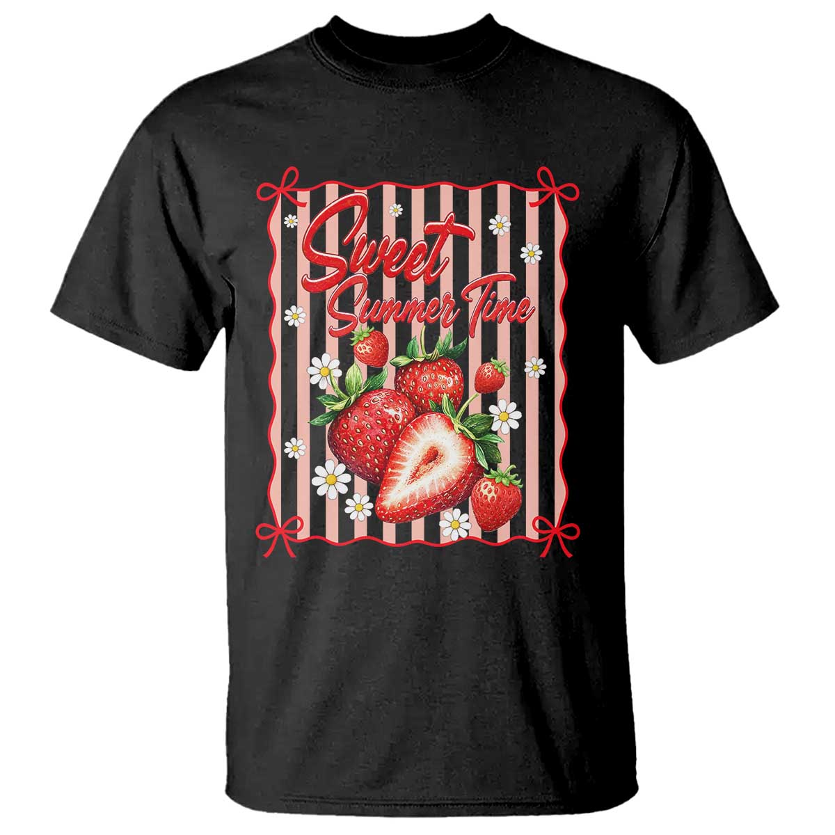 Striped Summer Strawberry T Shirt Preppy Beach Vibes Graphic