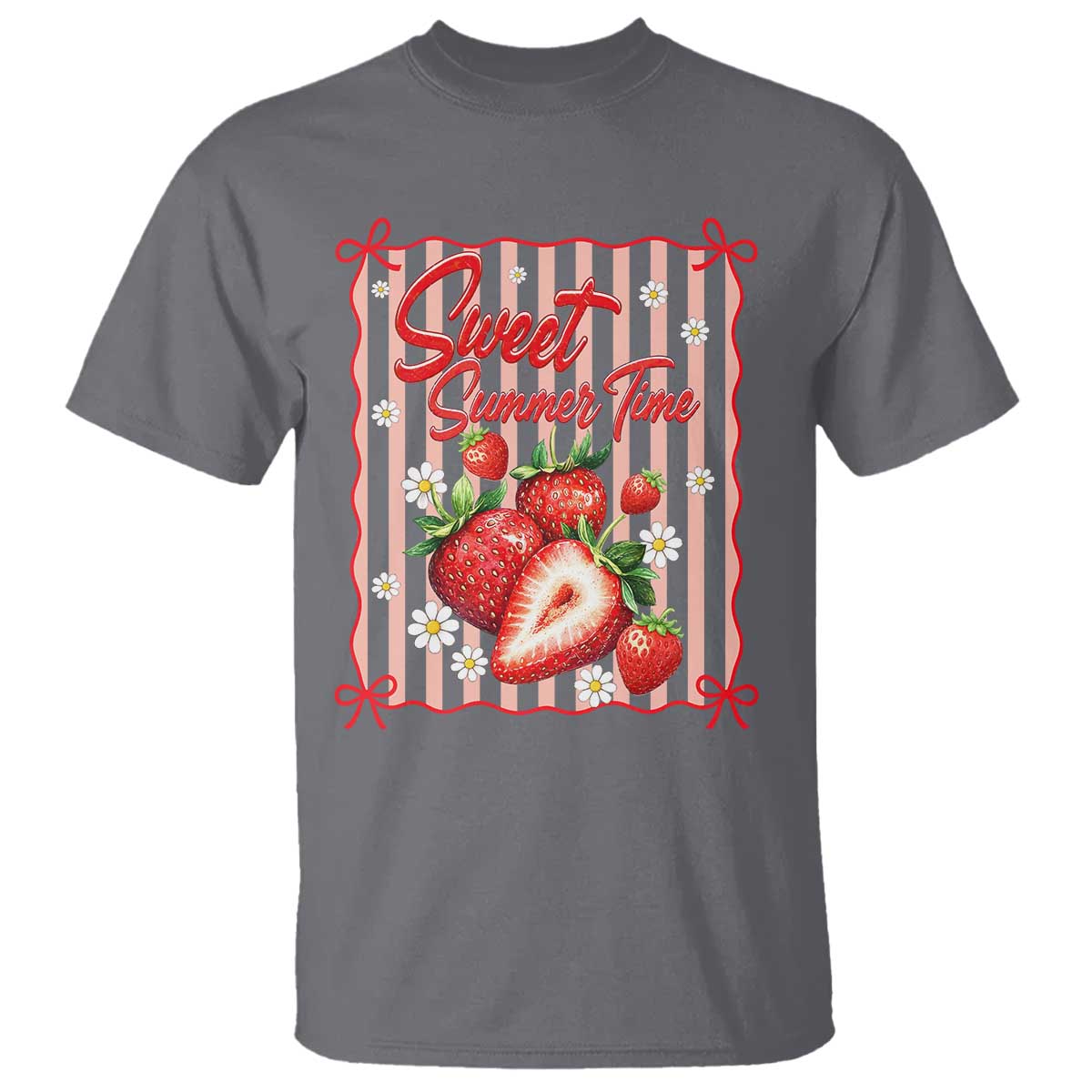 Striped Summer Strawberry T Shirt Preppy Beach Vibes Graphic