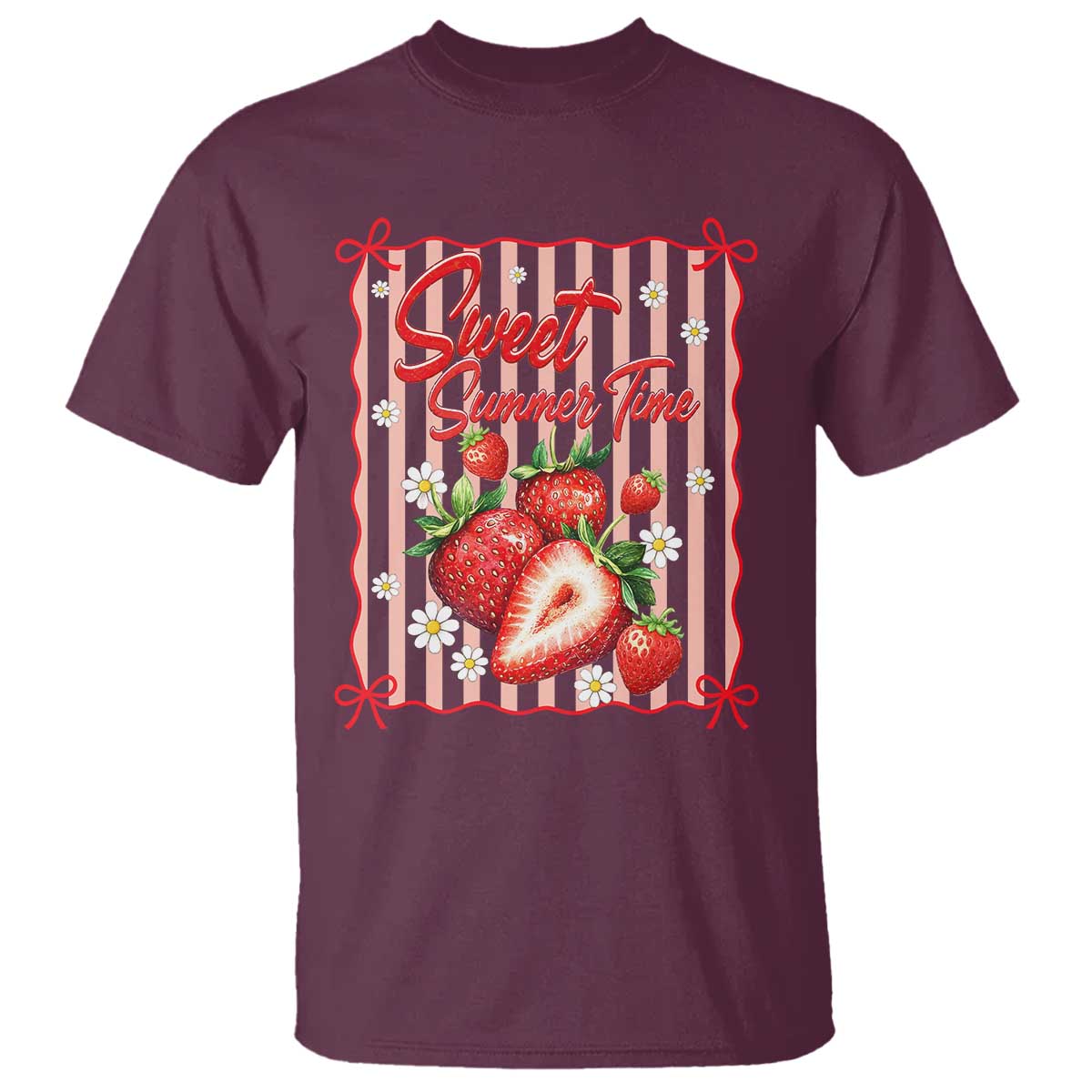 Striped Summer Strawberry T Shirt Preppy Beach Vibes Graphic
