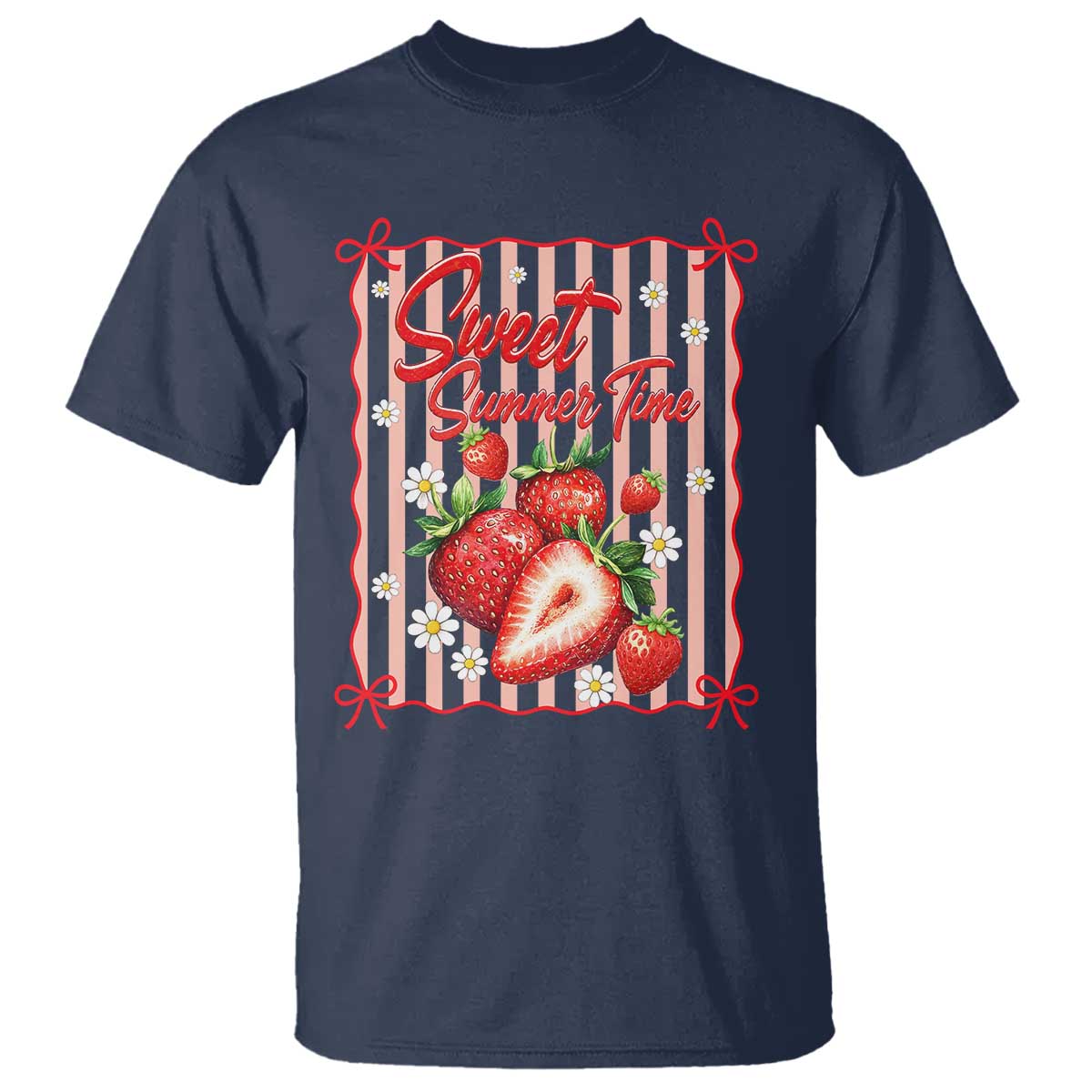 Striped Summer Strawberry T Shirt Preppy Beach Vibes Graphic