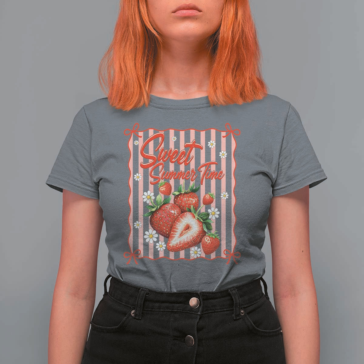 Striped Summer Strawberry T Shirt For Women Preppy Beach Vibes Graphic
