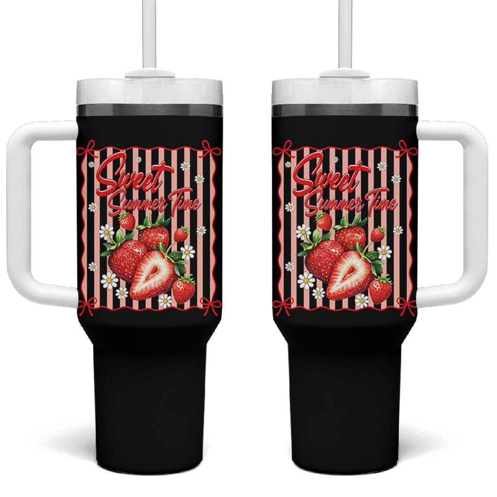 Striped Summer Strawberry Tumbler With Handle Preppy Beach Vibes Graphic