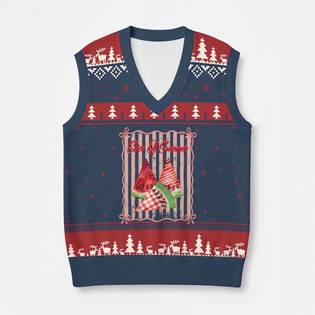 Striped Watermelon Beach Vibes Graphic V-Neck Knit Sweater Vest Slice Of Summer