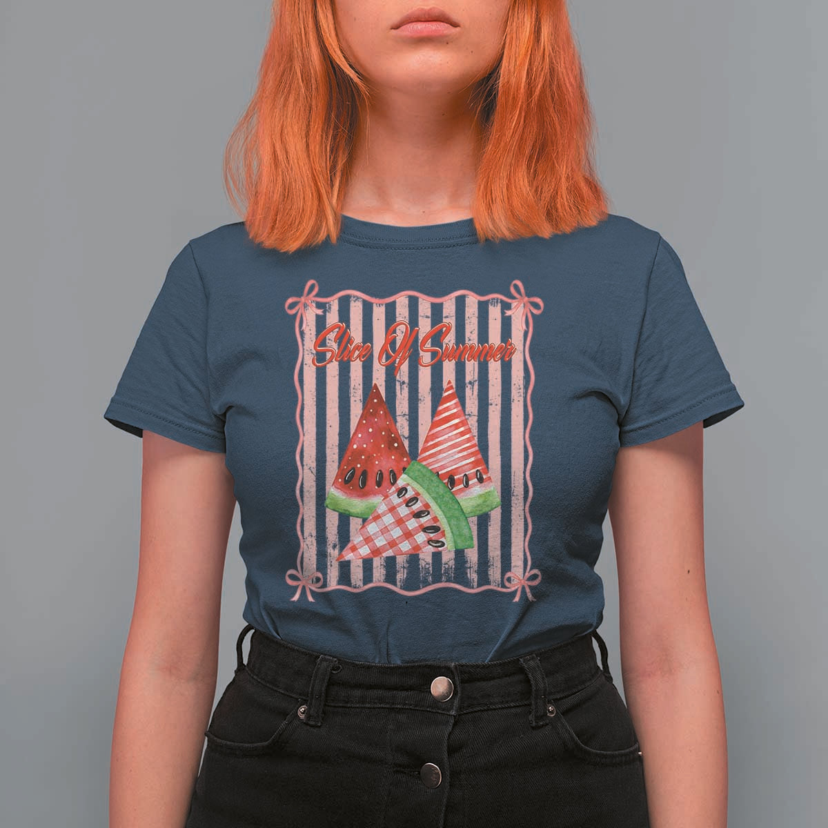 Striped Watermelon Beach Vibes Graphic T Shirt For Women Slice Of Summer