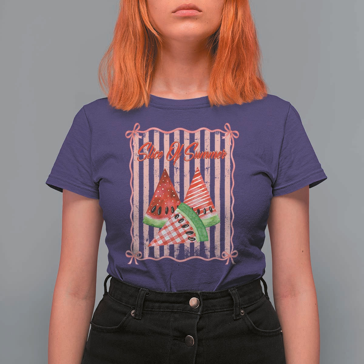 Striped Watermelon Beach Vibes Graphic T Shirt For Women Slice Of Summer