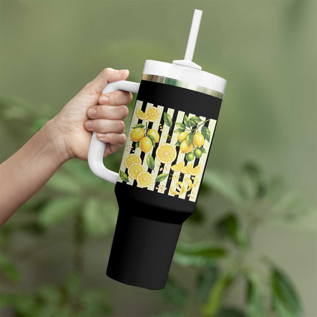 Striped Summer Lemon Tumbler With Handle Citrus Fruit Lover Gift