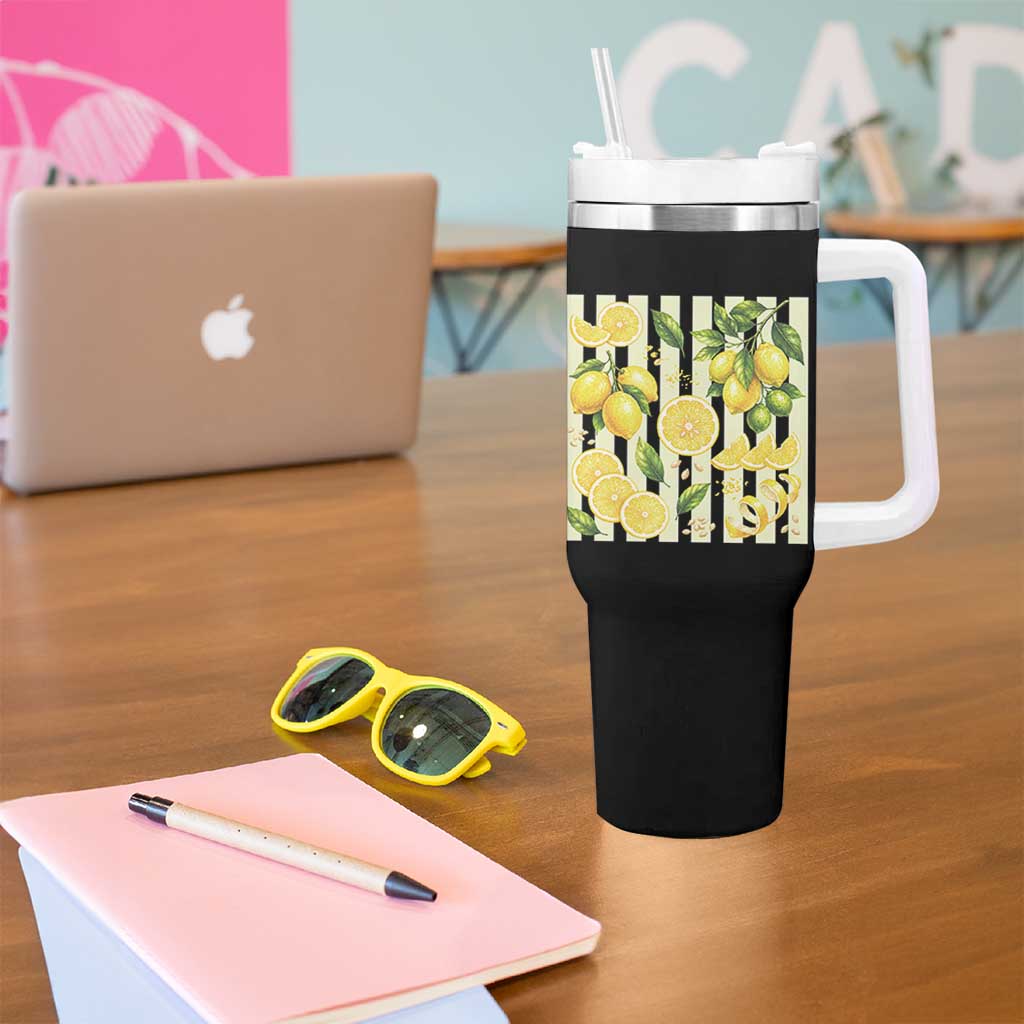 Striped Summer Lemon Tumbler With Handle Citrus Fruit Lover Gift