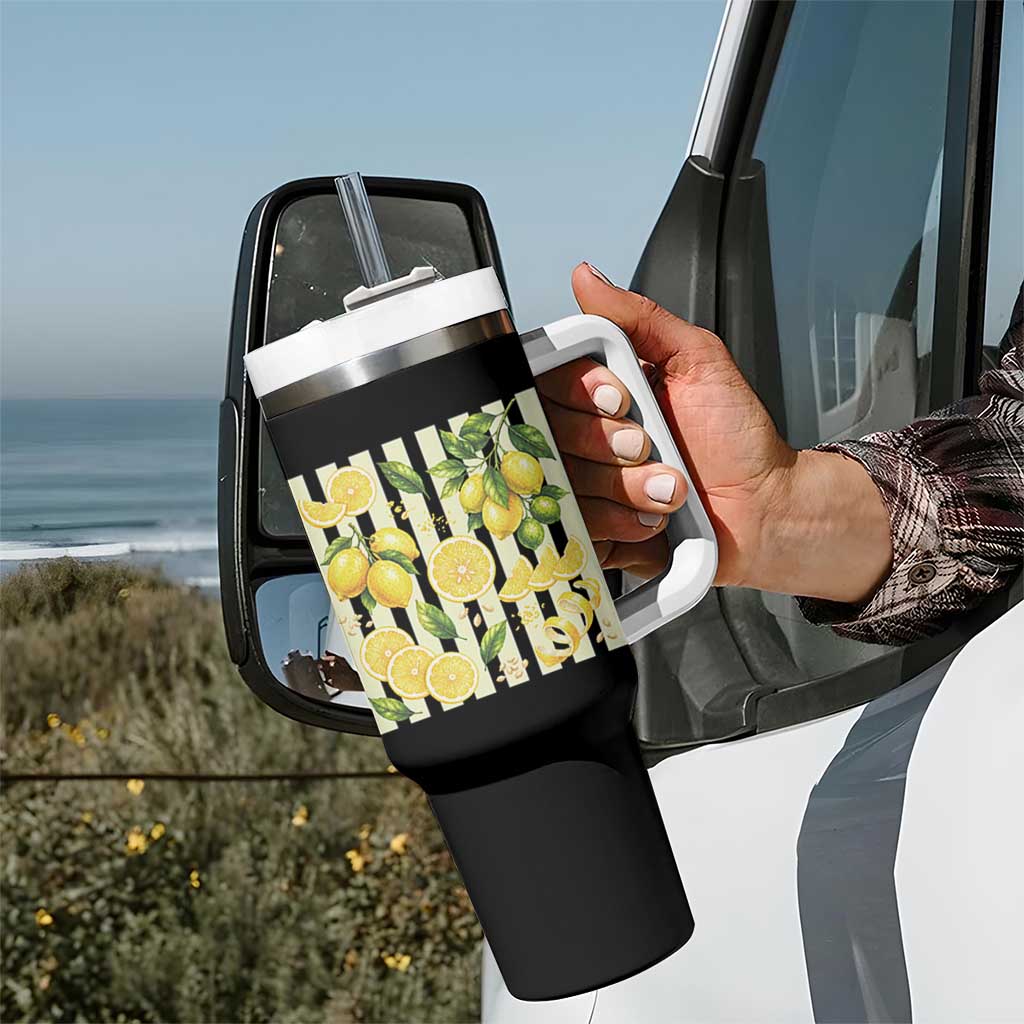 Striped Summer Lemon Tumbler With Handle Citrus Fruit Lover Gift
