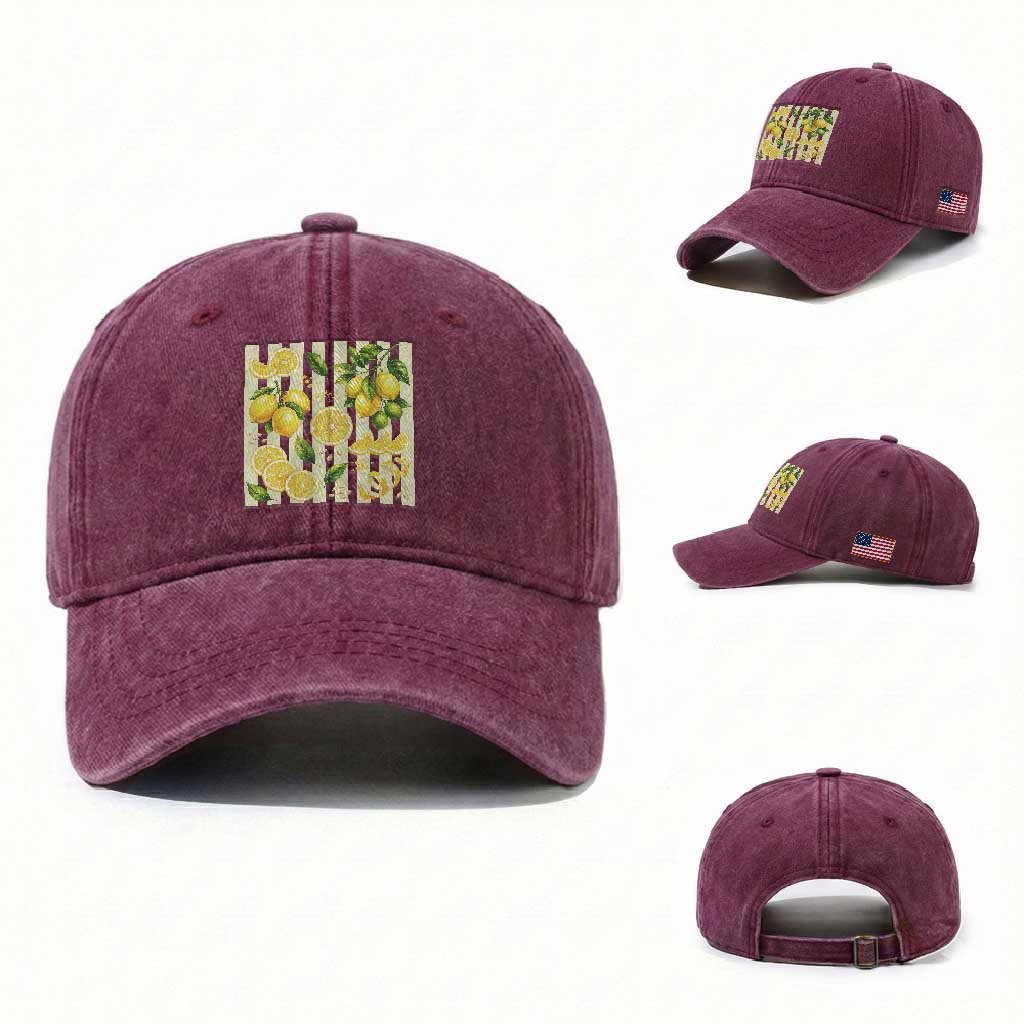 Striped Summer Lemon Washed Cotton Baseball Cap Citrus Fruit Lover Gift