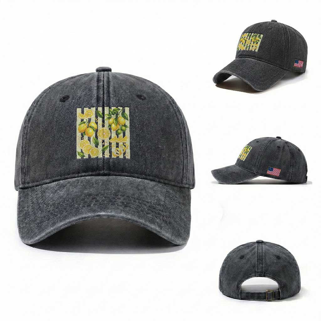 Striped Summer Lemon Washed Cotton Baseball Cap Citrus Fruit Lover Gift